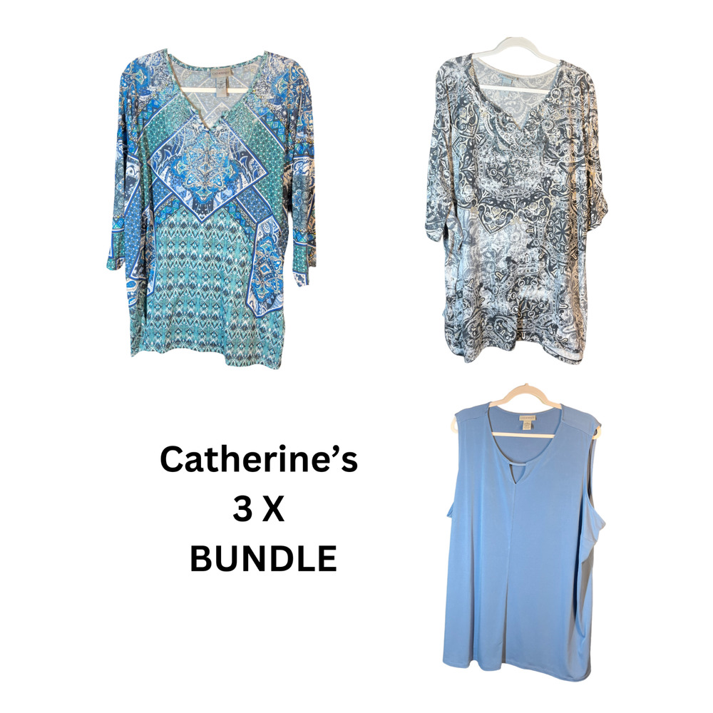 Bundle of 3 Catherines Womens Tops 3X Tank & 3/4 Sleeve Blue, Black, Beaded